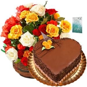 Mix Rose Basket n Heart Cake